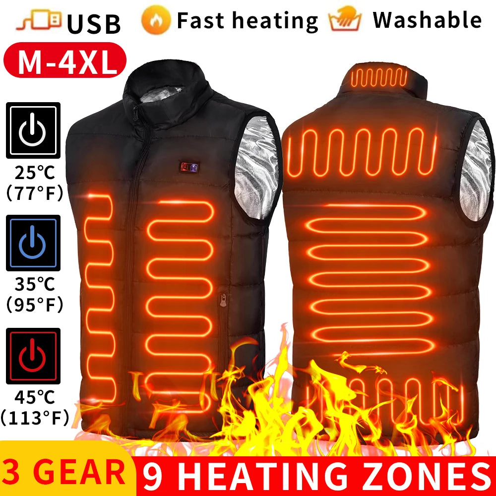 Heated Puffer Vest showing the glowing heating zones and 3 heat settings