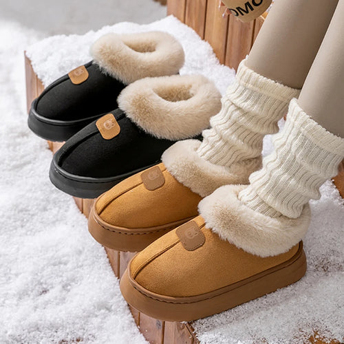 Faux Fur Slipper Booties in Black and Chestnut on snow