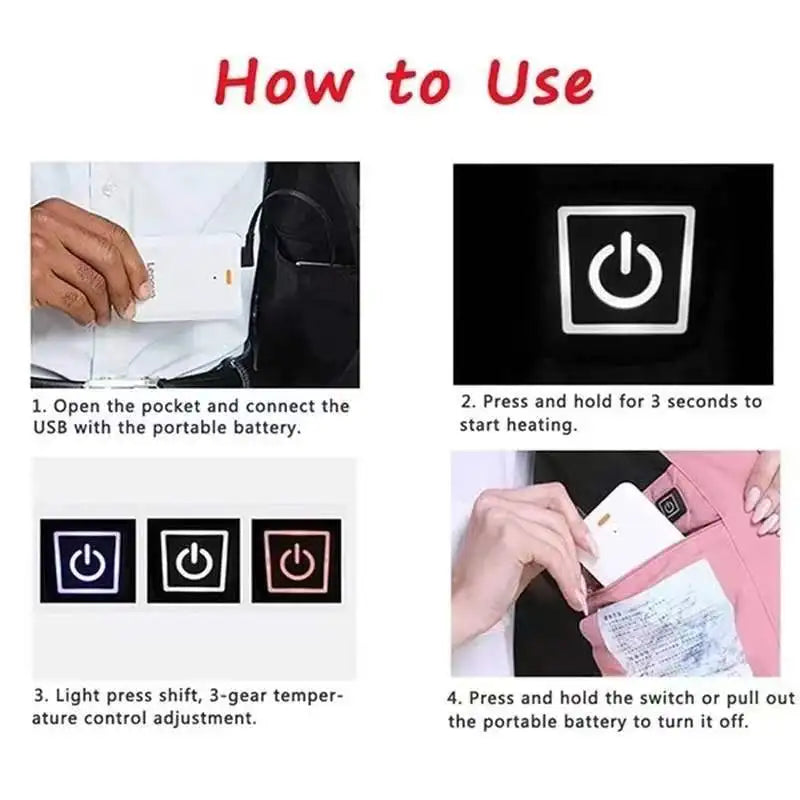 How to use the Heated Puffer Vest: connect a power bank, hold the button, tap to change heat