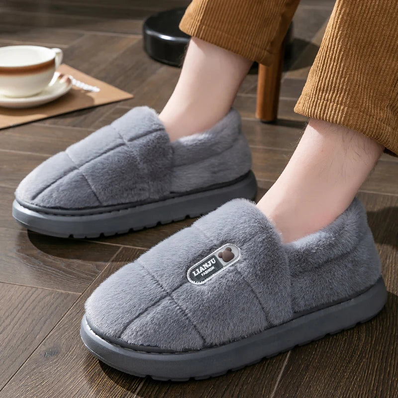 Grey Quilted Plush Slippers on feet