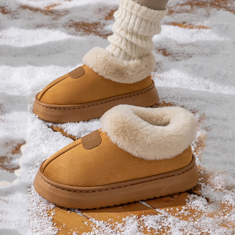 Chestnut Faux Fur Slipper Booties worn in the snow